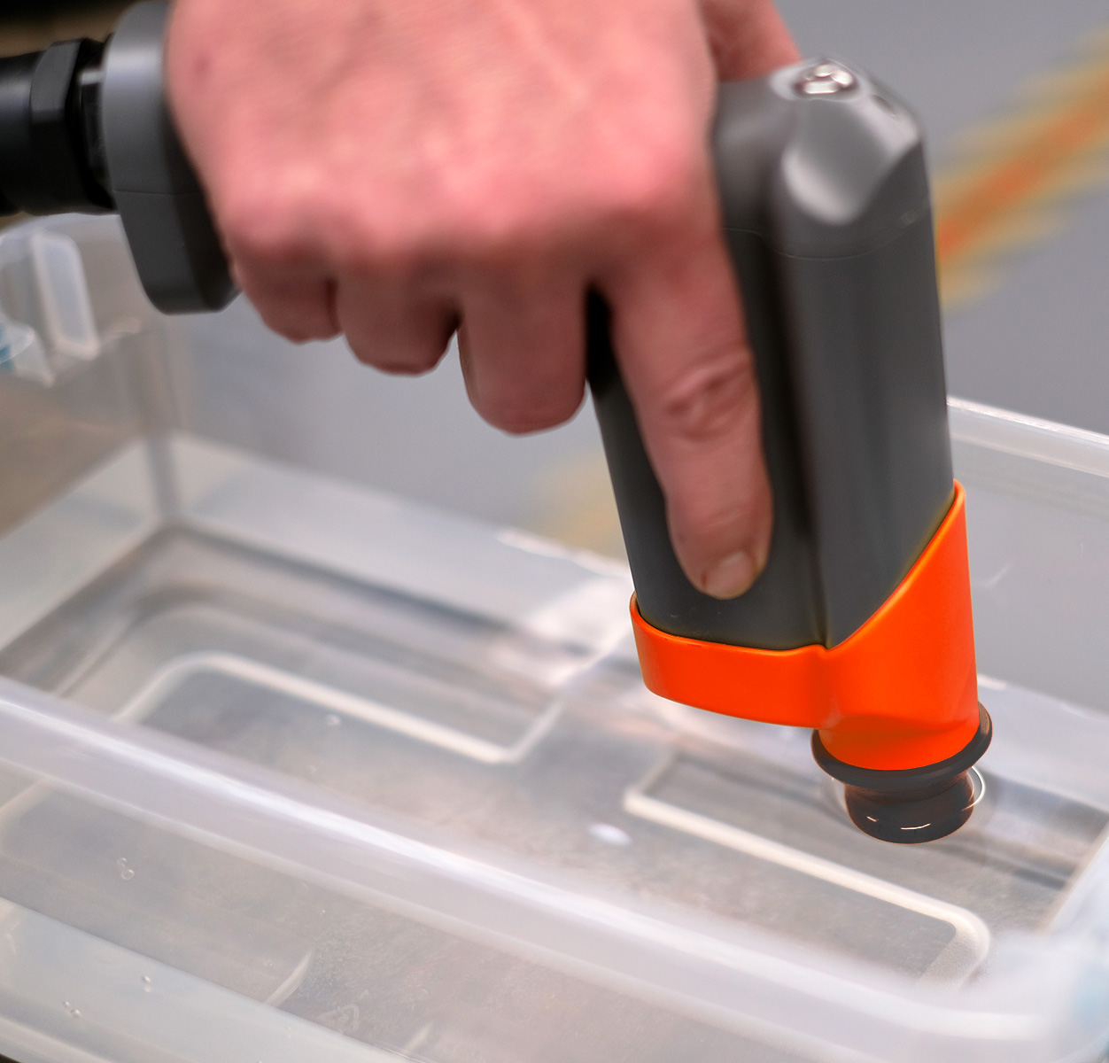 The DI water system requires periodic filling or “Top-Off” to replace tiny amounts of DI water lost during the cutting cycle. Should the system run low on water during operation, the Hand Tool will indicate a flashing red light and the display will indicate a “Low Water Level” condition. To “Top-off”, fill an open container&hellip;